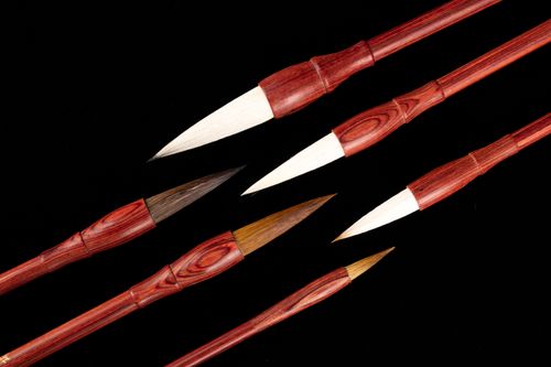 Free From above of different Japanese calligraphy brushes with soft tips and bamboo shafts on black surface Stock Photo