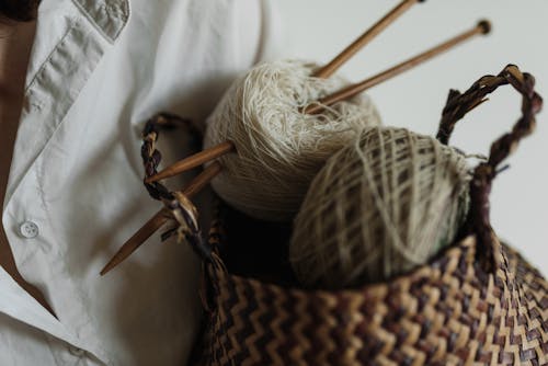 Brown Woven Basket With Brown and White Yarn