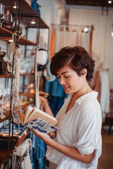 Young woman in a white shirt reading a book in an elegant boutique setting, exuding confidence and style.