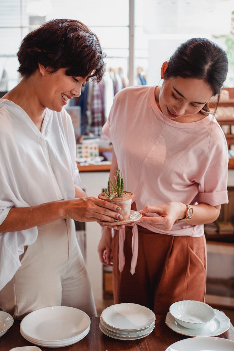 Asian Women With Potted Cactus