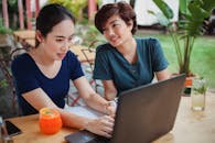 Asian women working remotely in cafe
