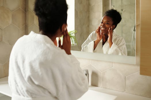 A woman in a bathrobe smiles at her reflection in a modern bathroom mirror.