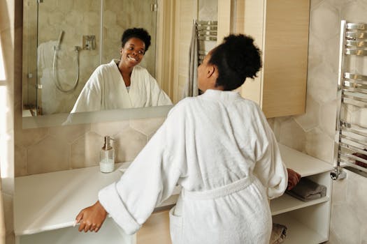 A woman in a bathrobe smiling at her reflection in a modern bathroom mirror.