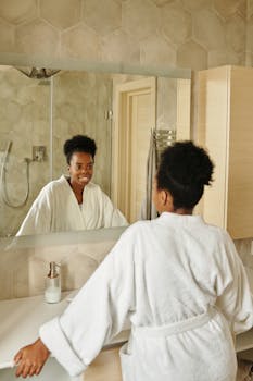 Woman in a cozy bathroom smiling at her reflection in the mirror, wearing a white bathrobe.