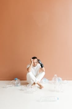 坐在塑料瓶上的人，反映出对环境的担忧