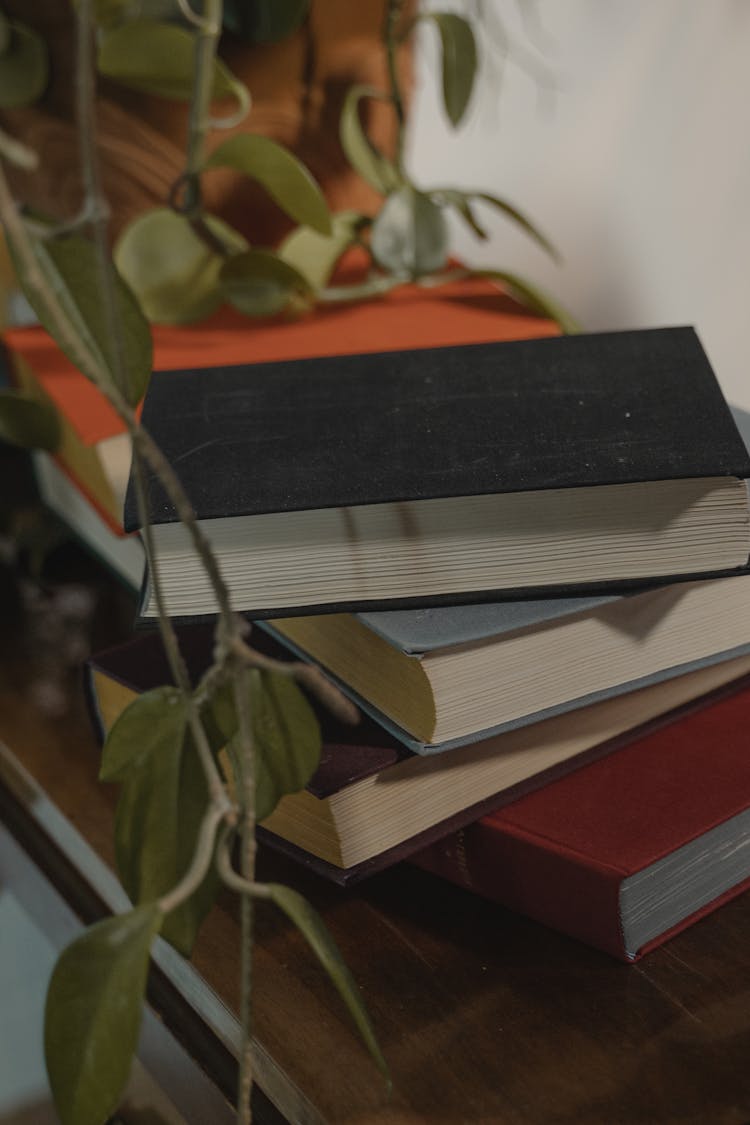 Stack Of Books On Brown Wooden Sideboard