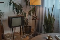 Black Crt Tv on Brown Wooden Table