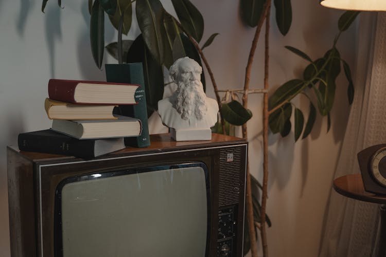 Stacked Books And A Head Bust On Top Of CRT Television 