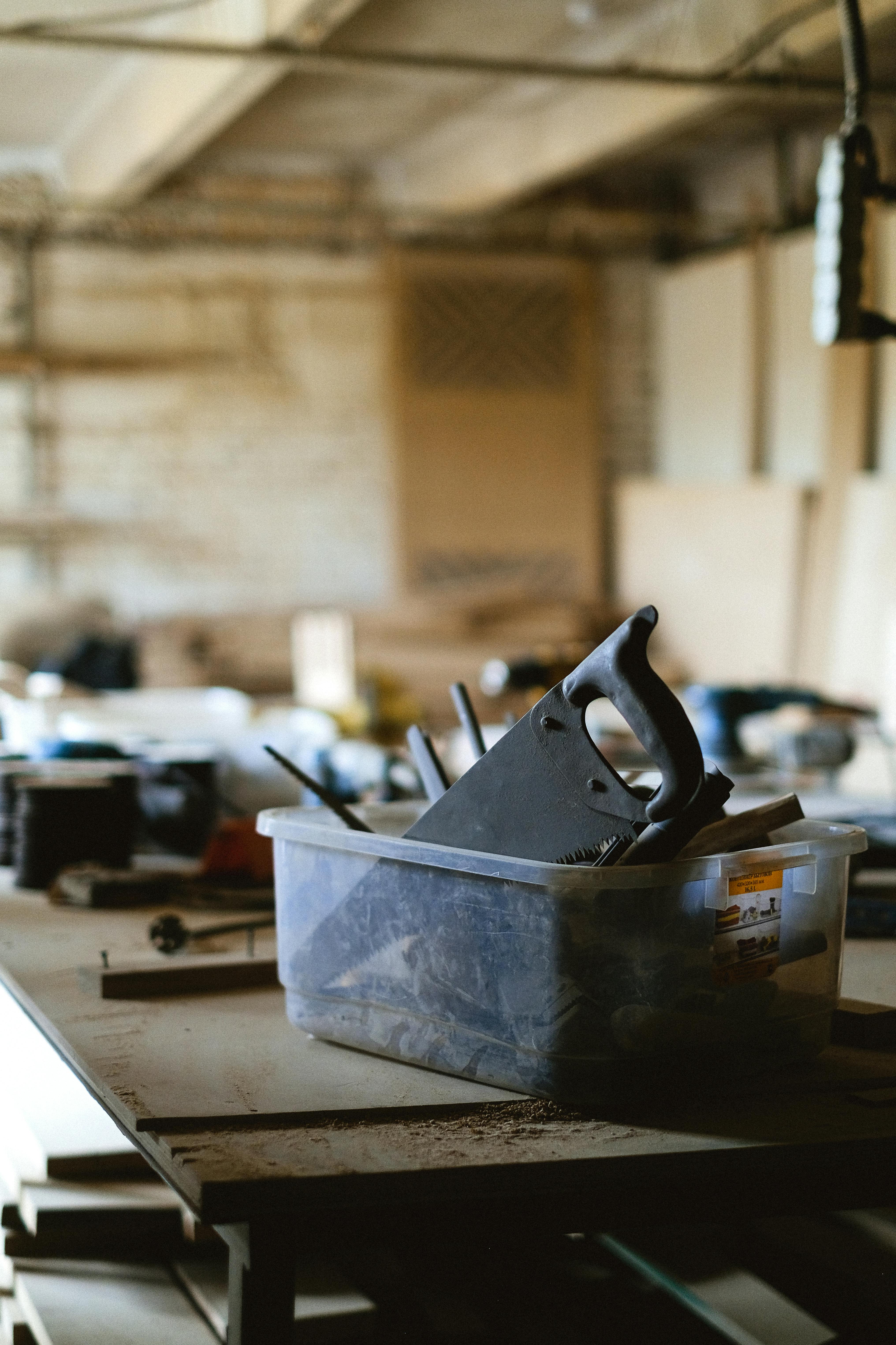 set of carpentry tools in workshop