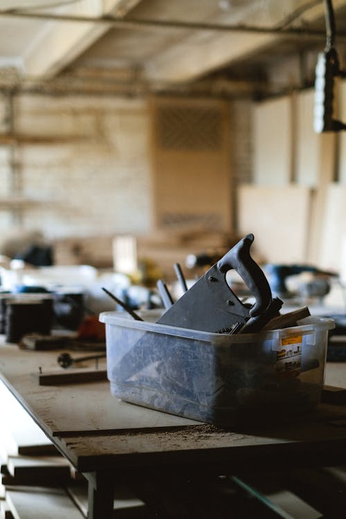 Free Set of carpentry tools in workshop Stock Photo