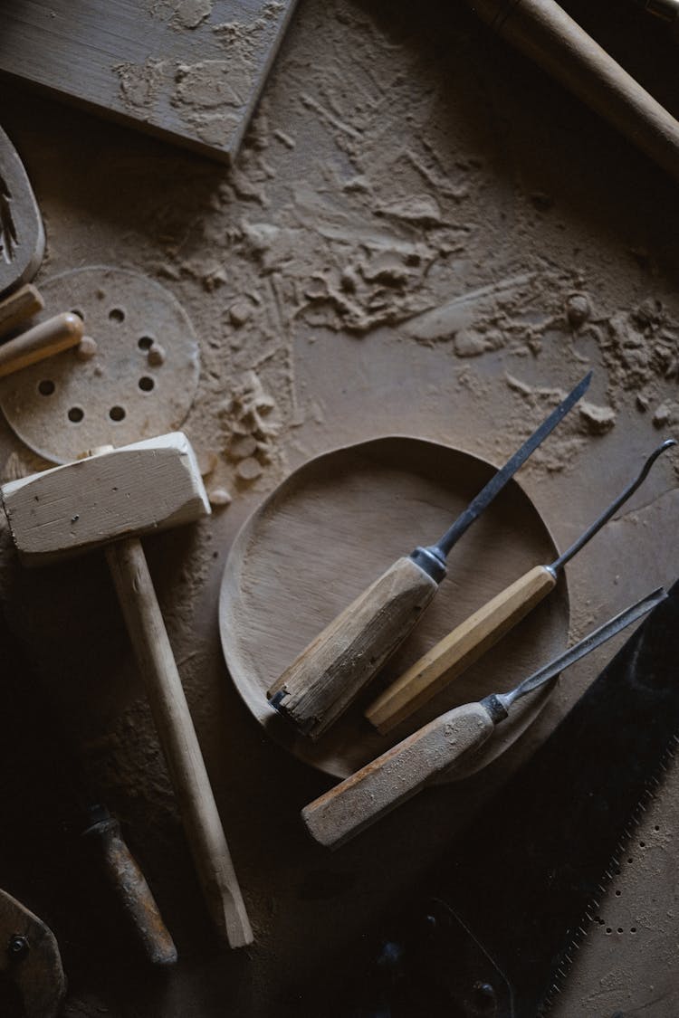 Set Of Carpentry Tools With Wooden Hammer