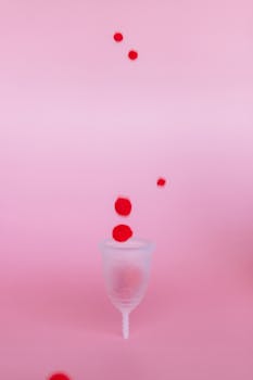 A menstrual cup set against a pink background with red dots, symbolizing menstruation.