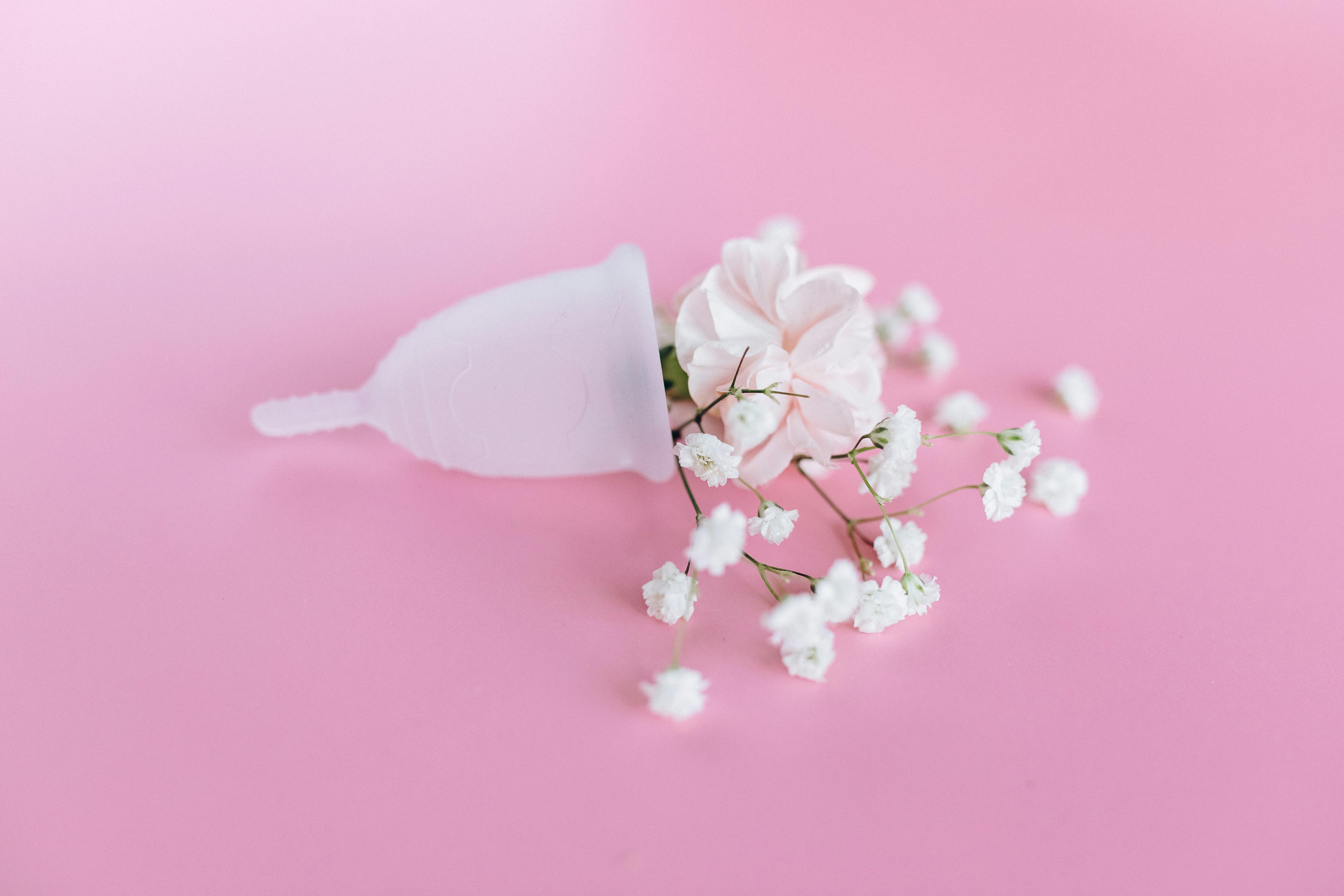 A silicone menstrual cup placed alongside baby's breath flowers on a soft pink background.