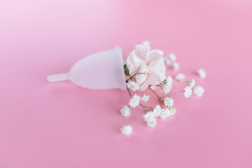 White and Pink Flower near the Menstrual Cup