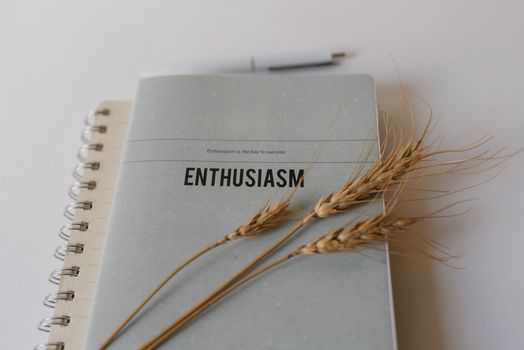 A close-up of a notepad with the word 'Enthusiasm' on a minimalist background, adorned with wheat stalks.