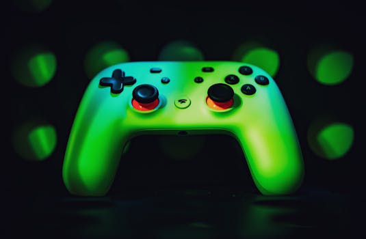 Close-up image of a vibrant green gaming controller illuminated against a dark background.