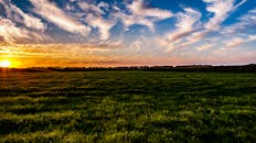 广阔的景观中，郁郁葱葱的绿地上映照着充满活力的日落，呈现出一片宁静与自然之美