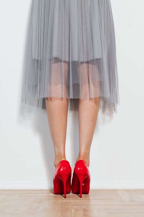 grey dress red heels Grey Pleated Midi Skirt  Clothes By Locker Room