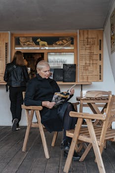 Senior woman enjoys a peaceful coffee break while reading a magazine outdoors at a cozy café.