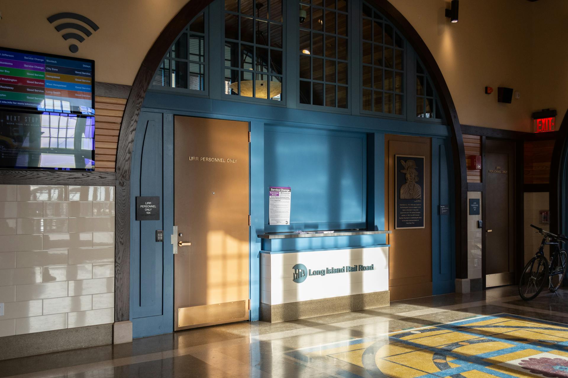 Interior view of Long Island Rail Road Station entrance in Wyandanch, NY with employee-only access.