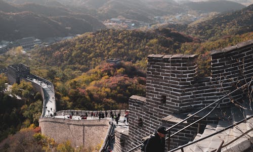 Free People Walking on the Great Wall of China Stock Photo