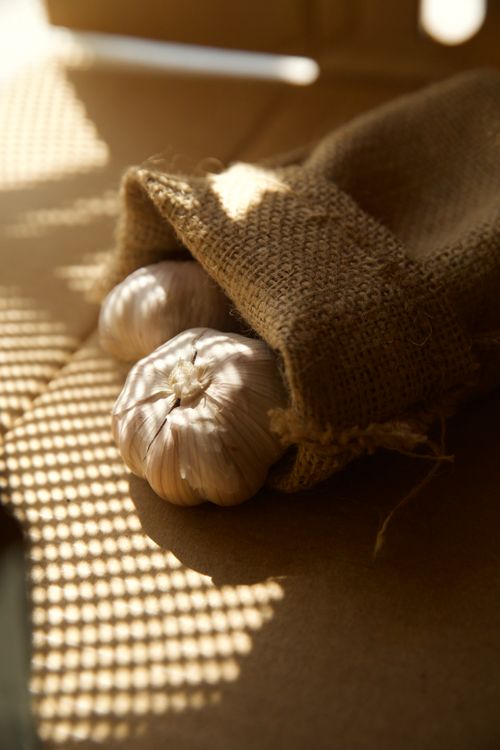 Free Close-up of garlic bulbs spilling from a burlap sack in warm light. Stock Photo