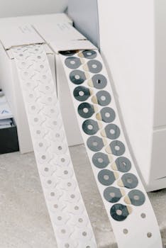 White cardboard boxes with adhesive tape with anti slip pads for hydrophobic optical lenses placed on marble surface in workspace