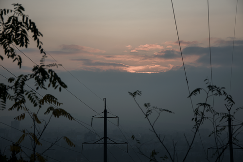 Free A serene sunset with silhouetted branches and power lines creating a tranquil scene. Stock Photo