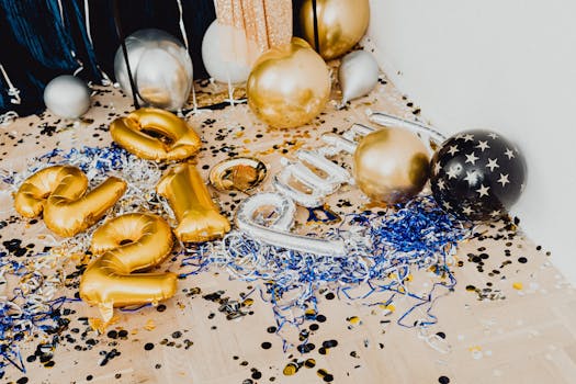 Colorful balloons and confetti scattered on the floor, perfect for a festive New Year's celebration.