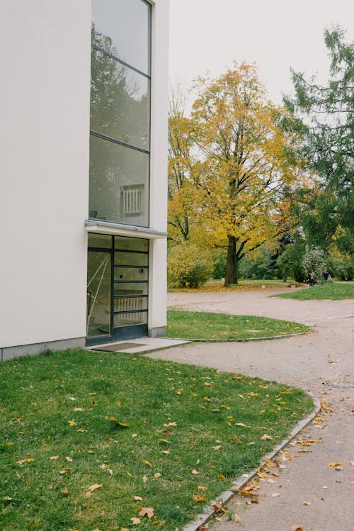 Corner of modern building in city park in autumn