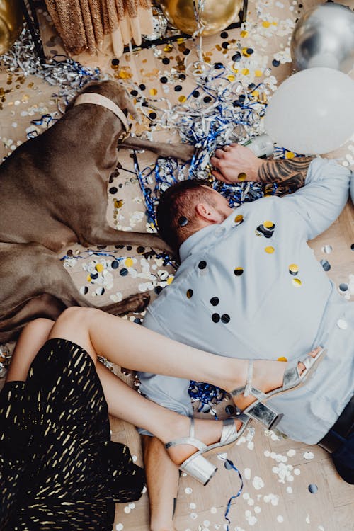 Free Drunk Couple Lying Down the Floor with a Dog Stock Photo