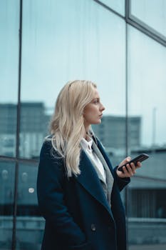 Side profile of a businesswoman in an urban setting holding a smartphone
