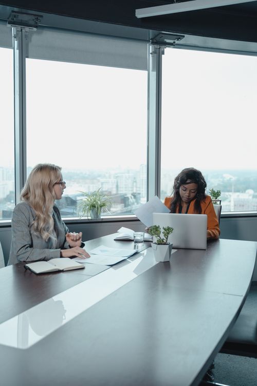 Free Professional women engaged in a meeting in a contemporary office setting. Stock Photo