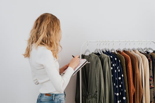 Woman writing notes checking a clothing rack with diverse fashion garments indoors.