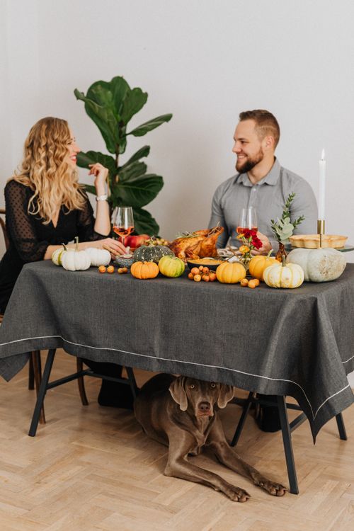Free A couple enjoys a cozy dinner with autumn decor and a playful dog under the table. Stock Photo