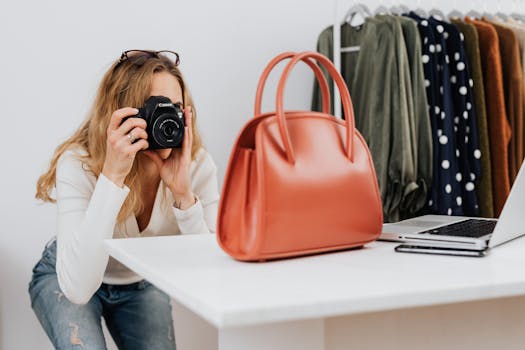 Caucasian woman capturing handbag photos for online fashion retail with camera.