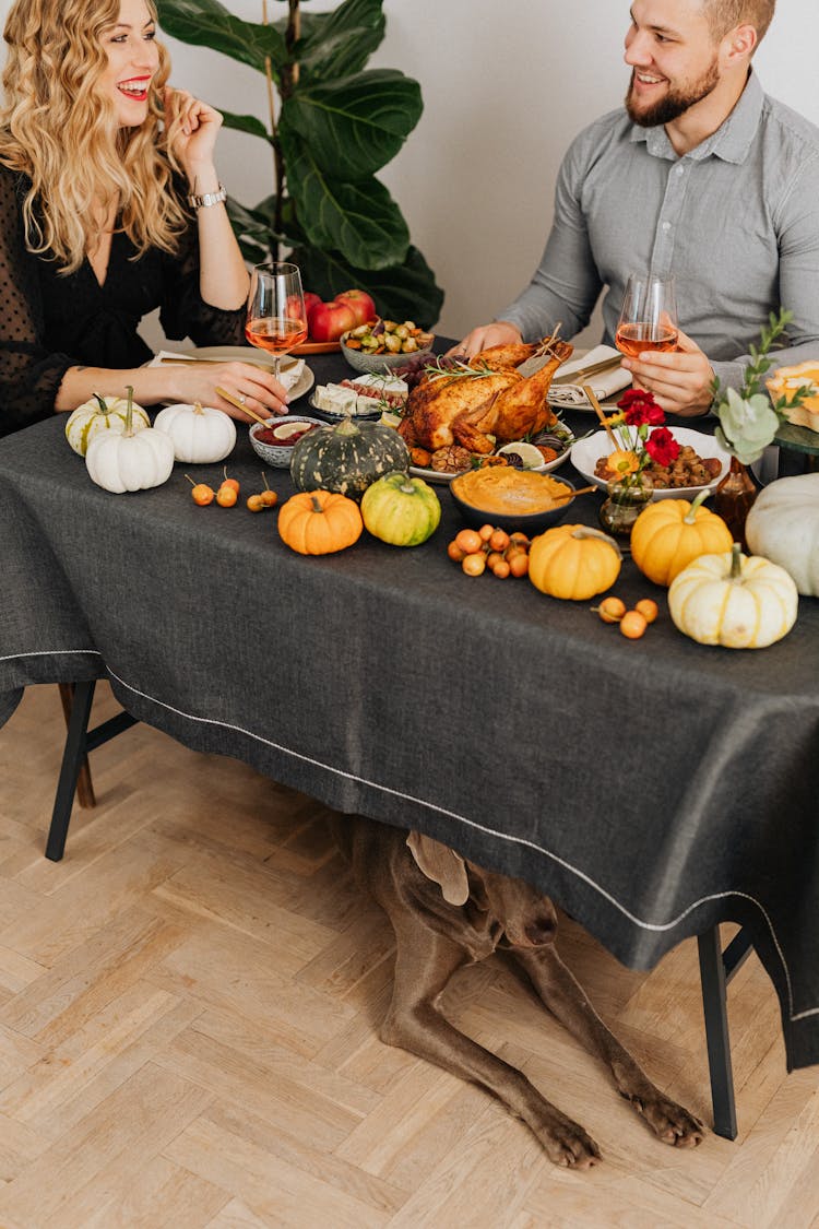 Couple Eating An Autumnal Dinner And Dog Lying Under The Table 