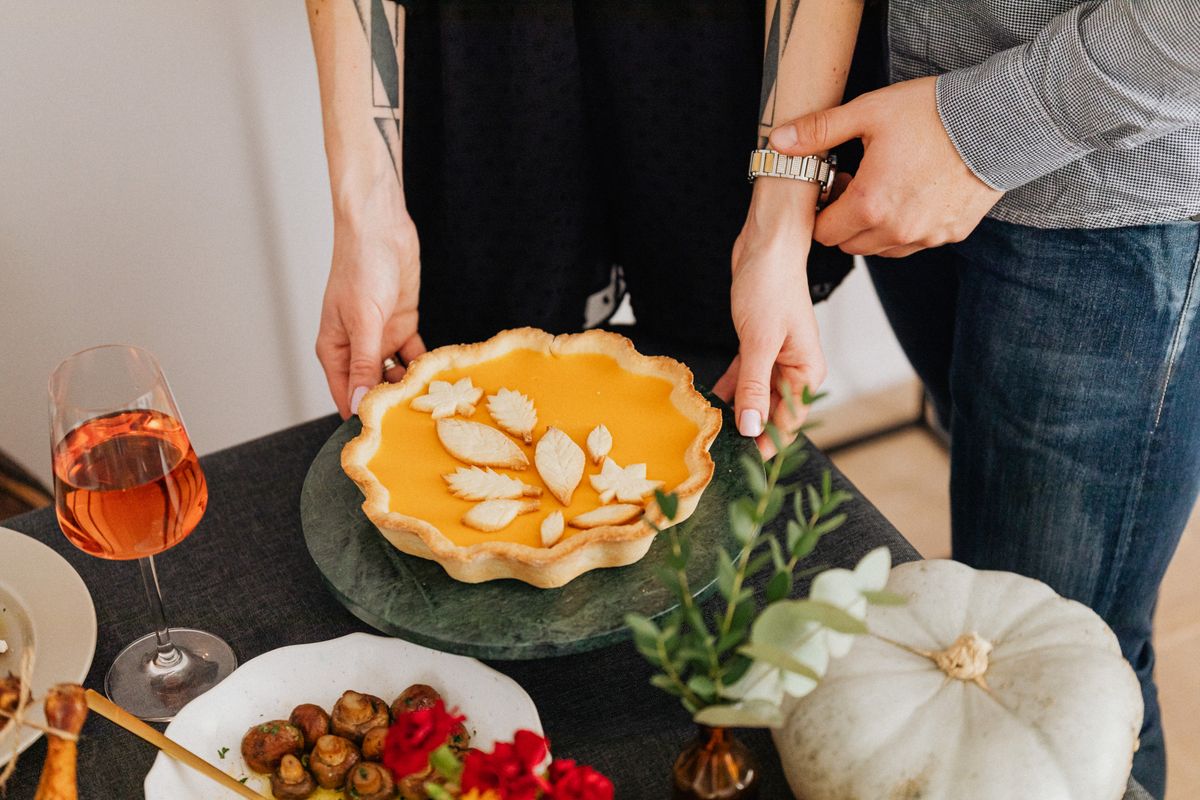 Warm fall meal featuring homemade pumpkin pie