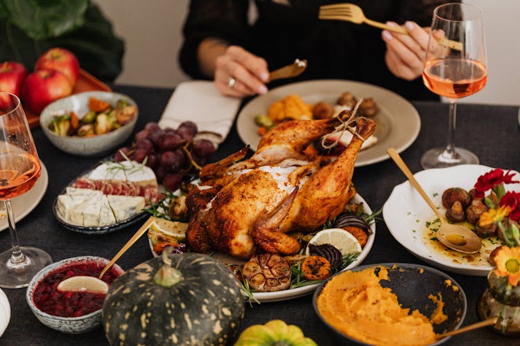 Roasted Turkey On White Ceramic Plate