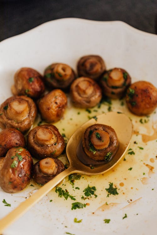 Close up of Mushrooms on a White Plate