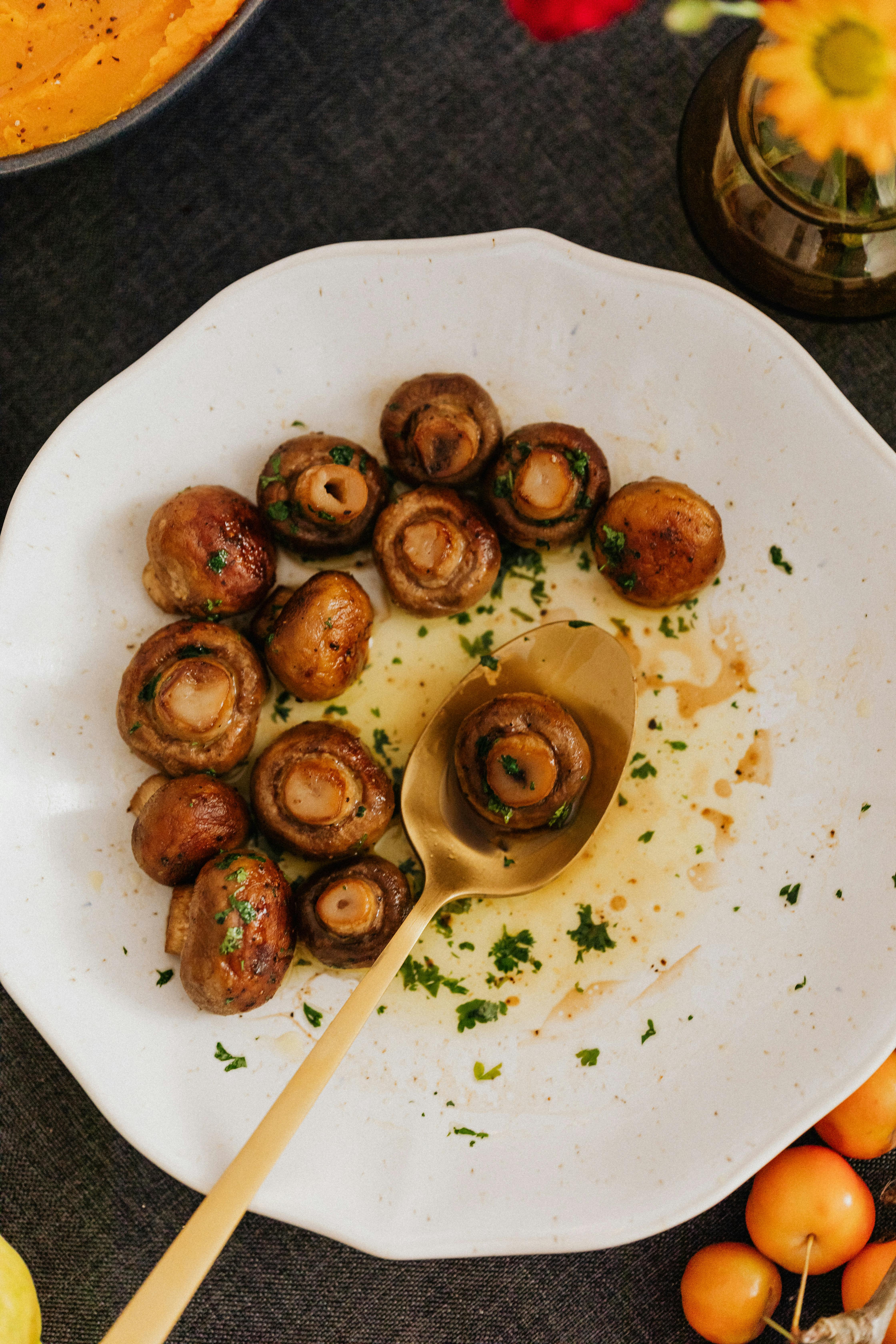 top view of mushroom dish on table