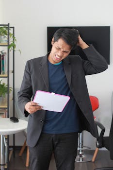 Asian man in black suit looking stressed while reading paper in an office setting.