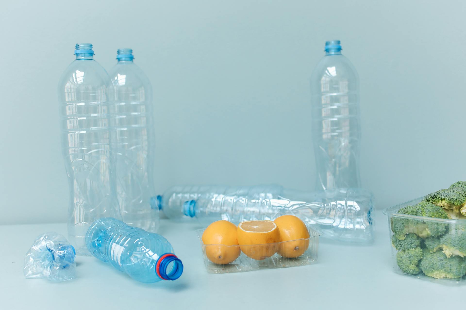 A conceptual photo of plastic bottles, lemons, and broccoli illustrating waste and sustainability.