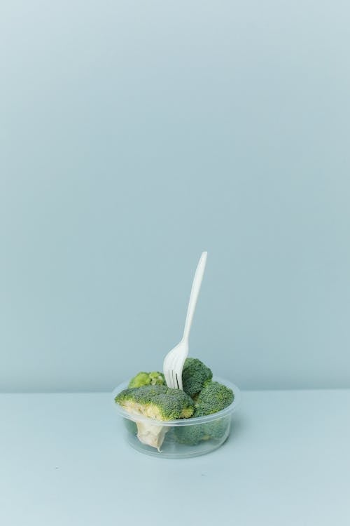 Free Broccoli in a Plastic Food Container with a Plastic Fork Stock Photo