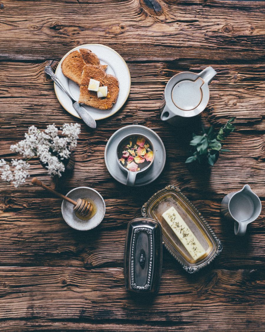 Breakfast and tea on a wooden table