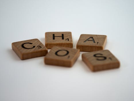 Close-up of wooden Scrabble tiles spelling 'chaos' on a white background.