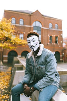 Concerned African American man in famous Anonymous mask sitting on stone fence against aged brick building and tree with bright autumn tree in daytime