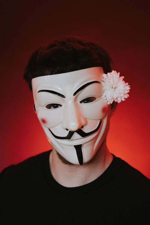 Unrecognizable male rebel in anonymous mask decorated with blossoming white chrysanthemum looking at camera