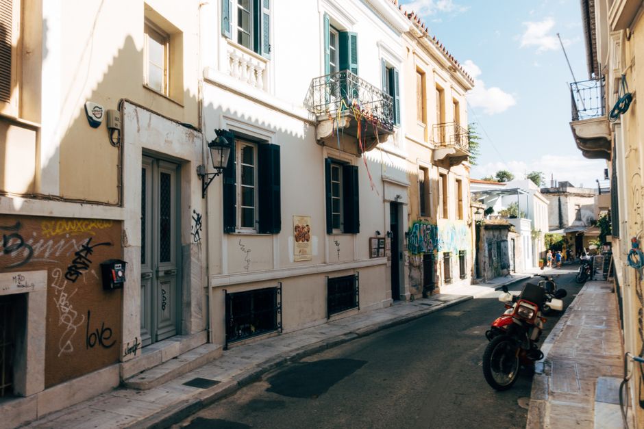 Picturesque Athens Plaka cobblestone alleyway on a self-guided walking tour