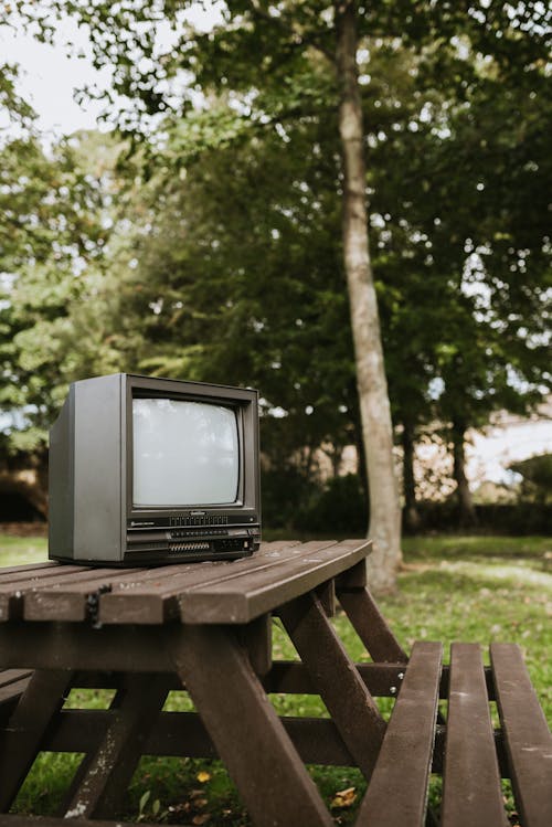 Schwarzer Crt Fernseher Auf Braunem Holztisch